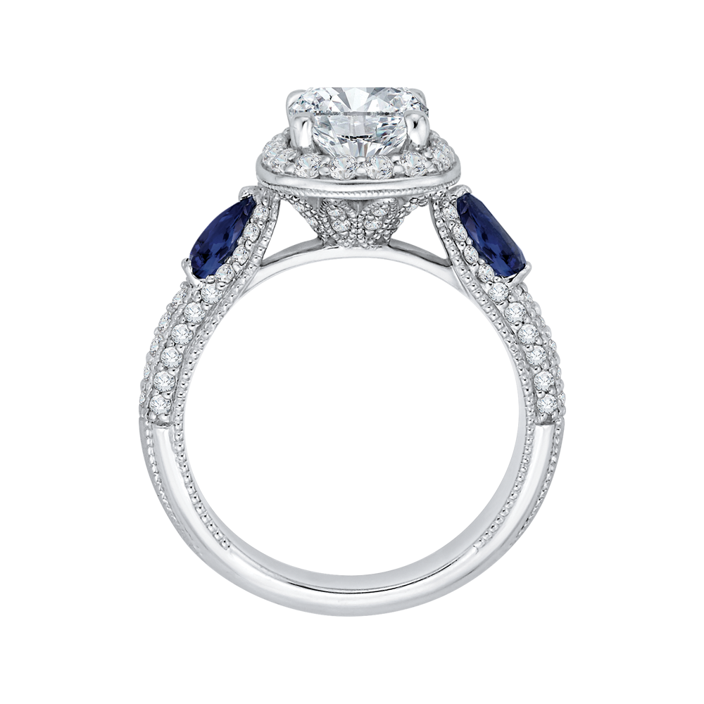 14K White Gold Cushion Cut Diamond Halo Engagement Ring with Sapphire (Semi Mount)