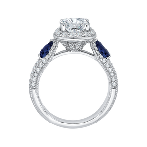 14K White Gold Cushion Cut Diamond Halo Engagement Ring with Sapphire (Semi Mount)