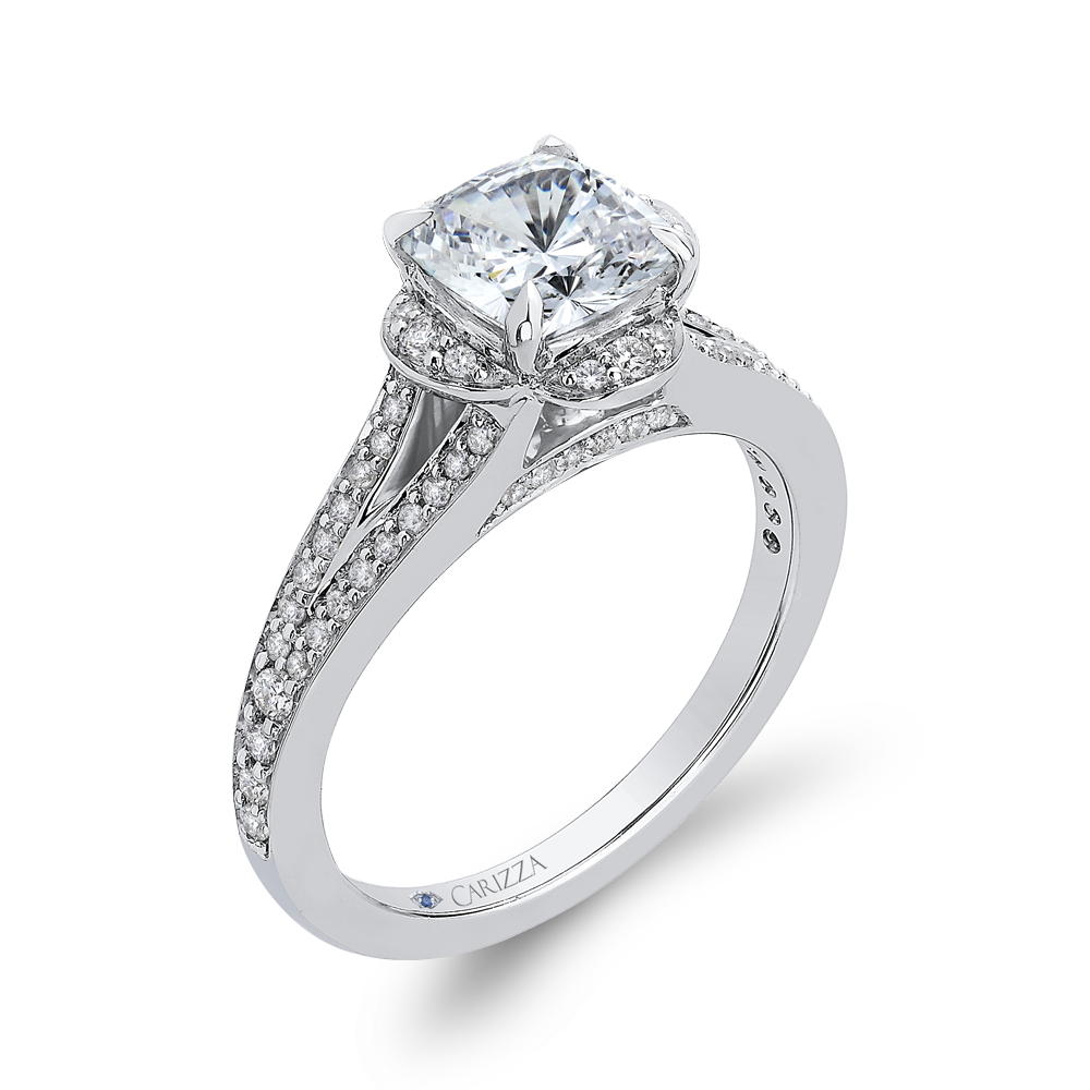 Cushion Diamond Cathedral Style Engagement Ring In 14K White Gold (Semi Mount)