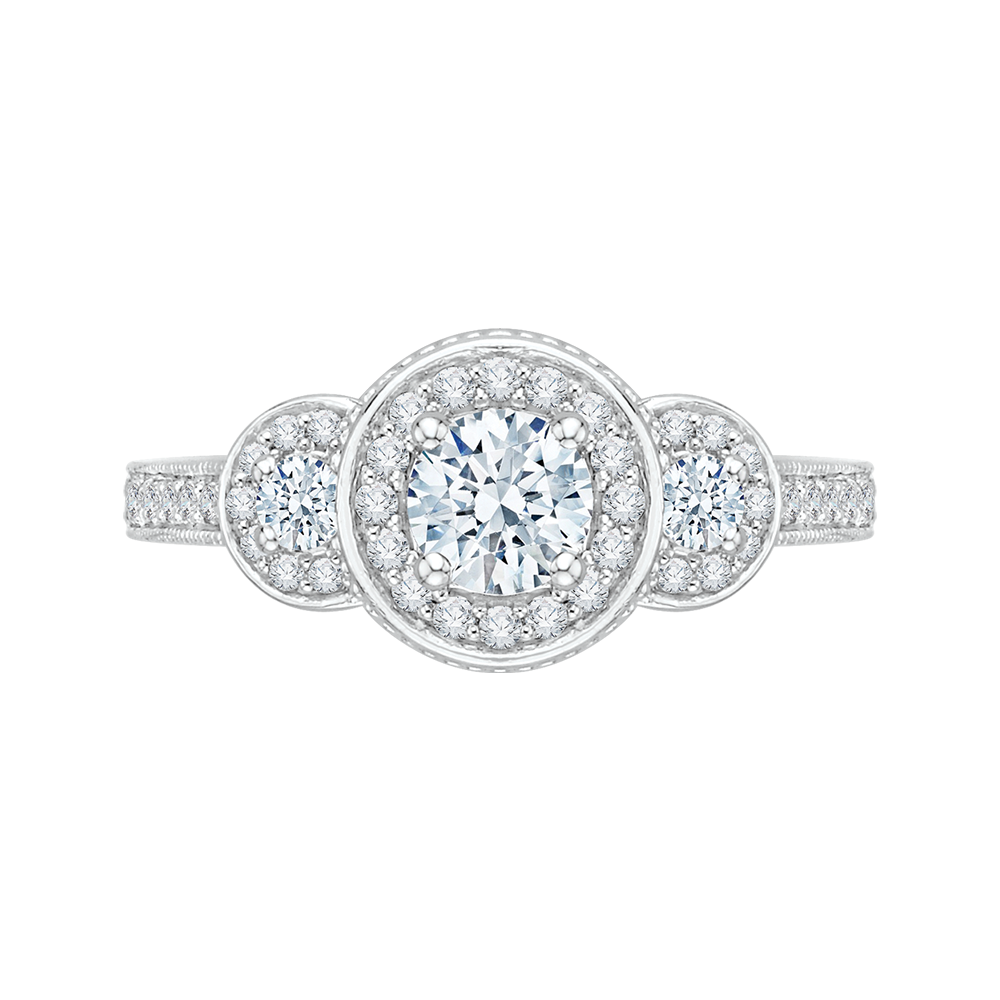 PR0019EC-02W Bridal Jewelry Carizza White Gold Round Diamond 3 Stone Halo Engagement Rings