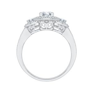 Round Cut Diamond Three Stone Halo Engagement Ring In 14K White Gold