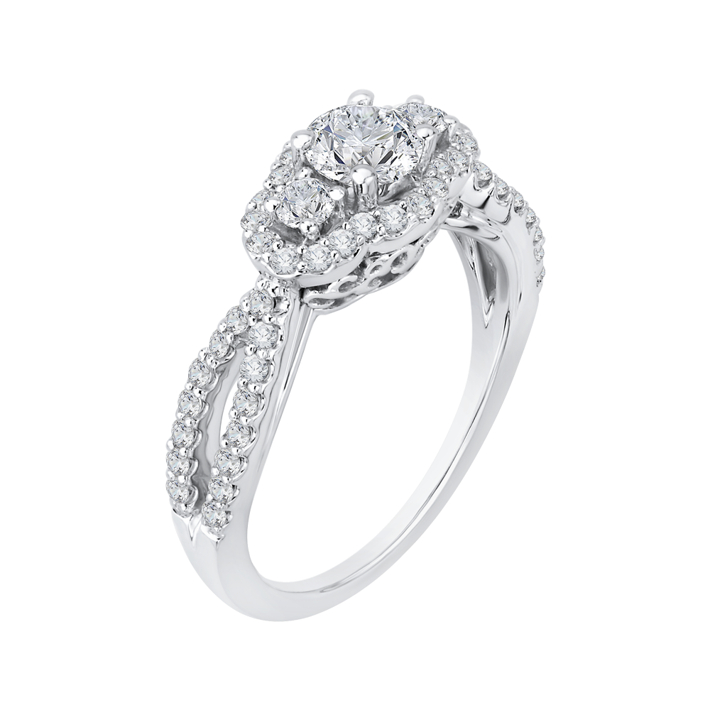 14K White Gold Round Cut Diamond Three Stone Halo Engagement Ring