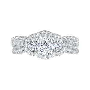 14K White Gold Round Cut Diamond Three Stone Halo Engagement Ring