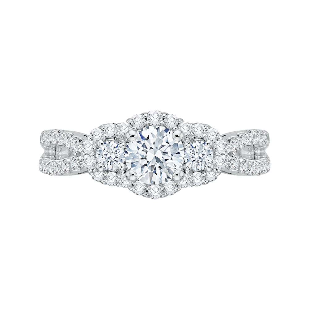 PR0028EC-02W Bridal Jewelry Carizza White Gold Round Diamond 3 Stone Halo Engagement Rings