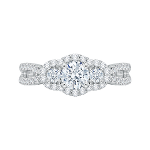 PR0028EC-02W Bridal Jewelry Carizza White Gold Round Diamond 3 Stone Halo Engagement Rings