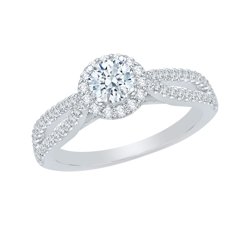 14K White Gold Round Diamond Halo Engagement Ring with Split Shank