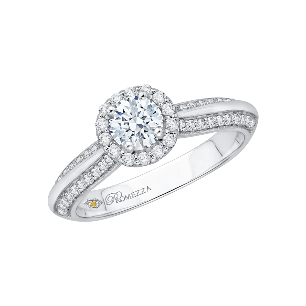 14K White Gold Round Cut Diamond Halo Cathedral Style Engagement Ring