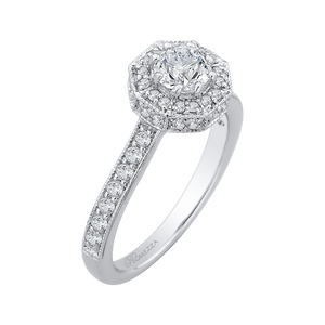 14K White Gold Round Diamond Octagon Shape Halo Engagement Ring
