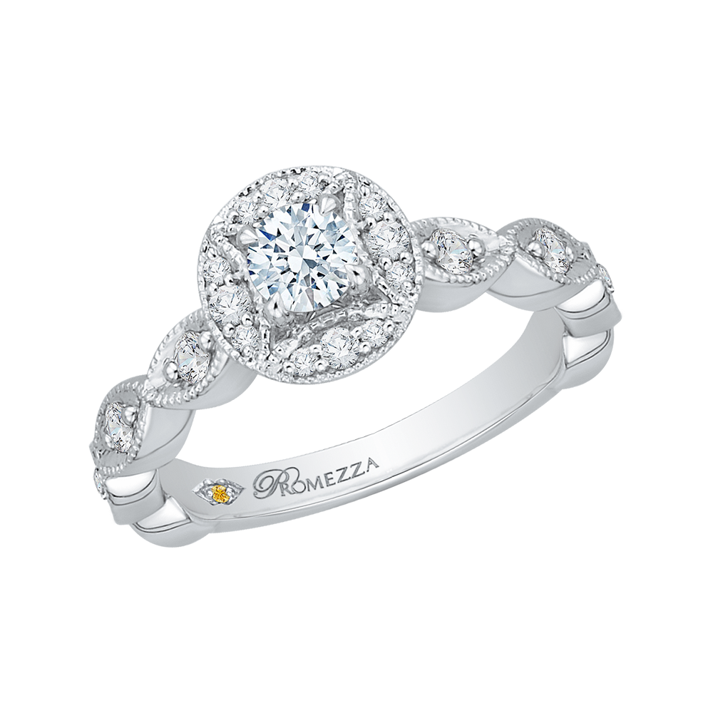 14K White Gold Round Cut Diamond Halo Engagement Ring