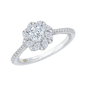 14K White Gold Round Cut Diamond Floral Halo Engagement Ring