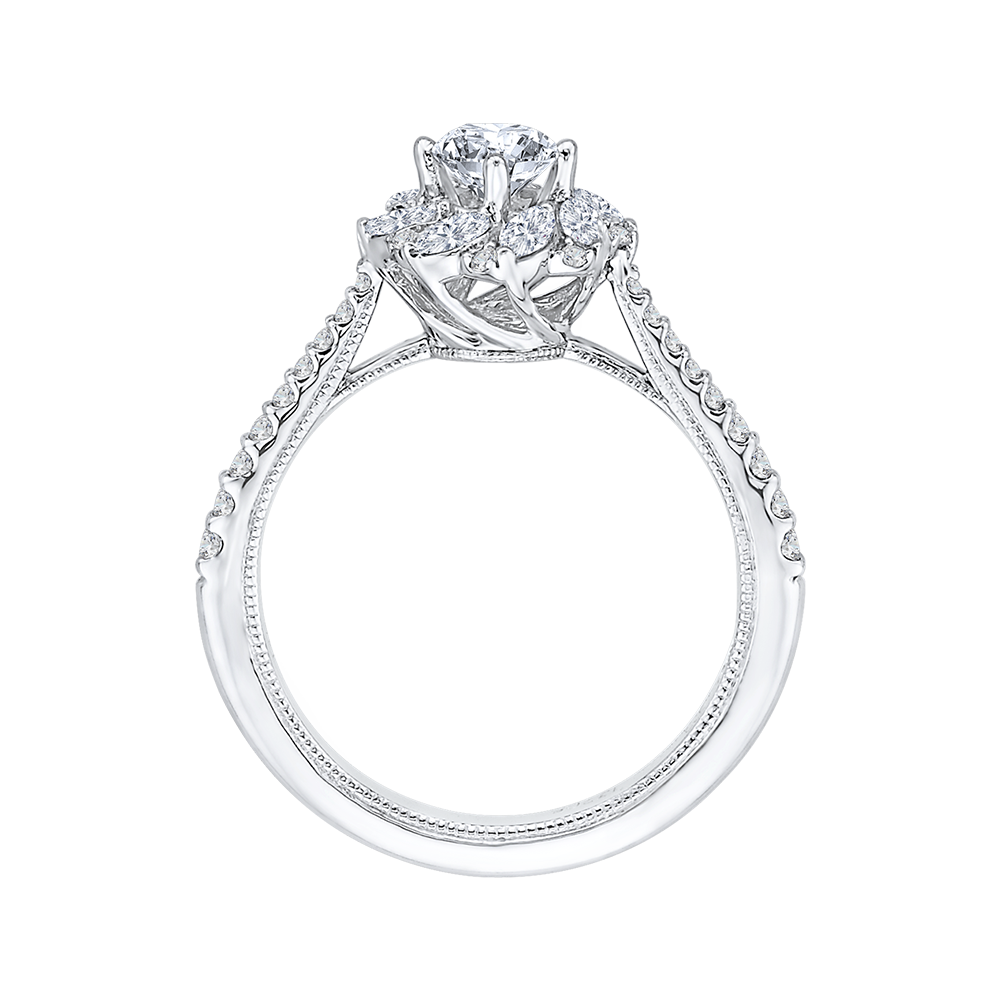 14K White Gold Round Cut Diamond Floral Halo Engagement Ring