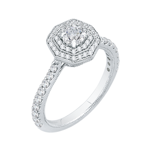 14K White Gold Round Cut Diamond Octagon Shape Double Halo Engagement Ring