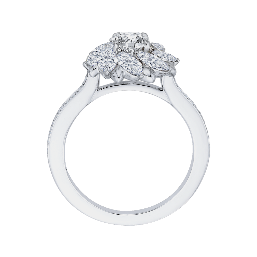 14K White Gold Round & Marquise Diamond Floral Engagement Ring
