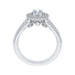14K White Gold Round Diamond Double Halo Engagement Ring with Spit Shank