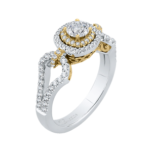 14K Two Tone Gold Round Diamond Double Halo Engagement Ring With Split Shank