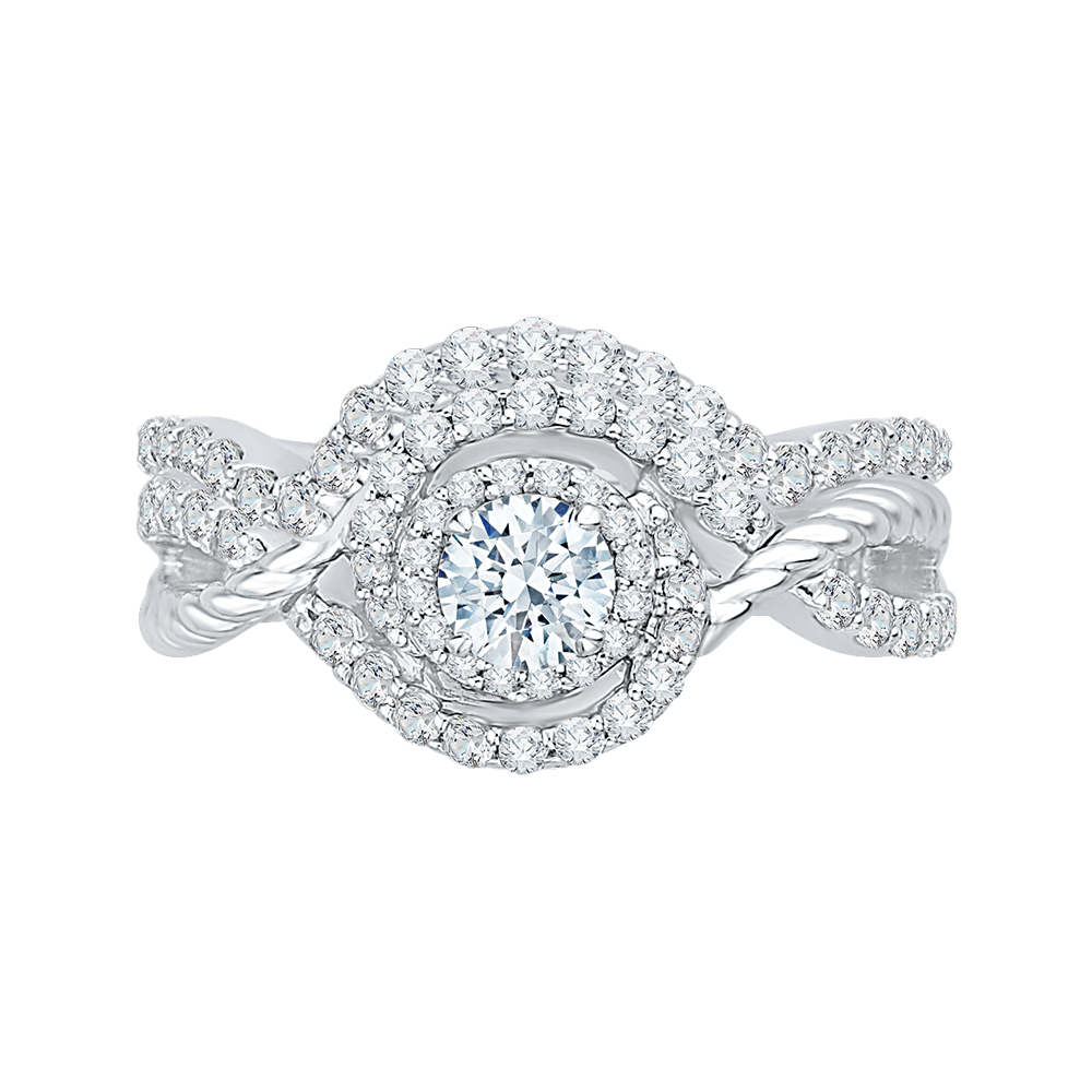 14K White Gold Round Diamond Criss Cross Halo Engagement Ring