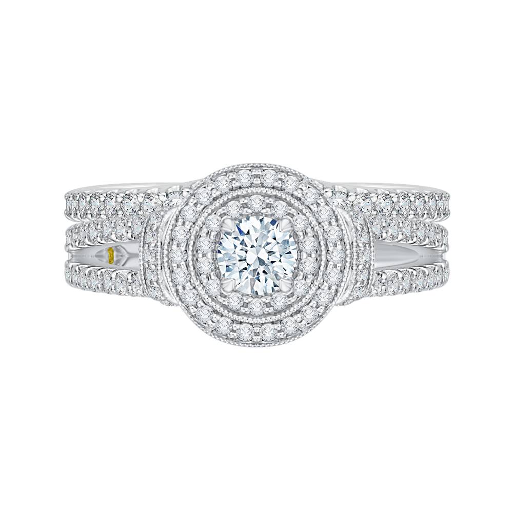 14K White Gold Round Diamond Double Halo Engagement Ring with Split Shank