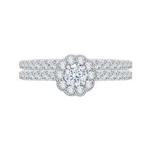 14K White Gold Round Halo Diamond Floral Engagement Ring