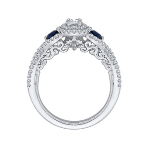 14K White Gold Round Cut Diamond And Sapphire Three Stone Halo Engagement Ring