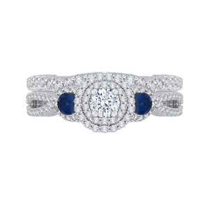 14K White Gold Round Cut Diamond And Sapphire Three Stone Halo Engagement Ring