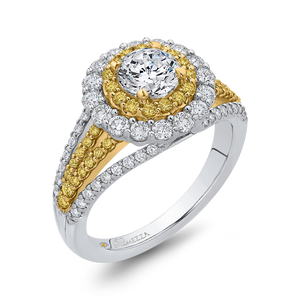 14K White Gold Round Double Halo Diamond Engagement Ring with Split Shank