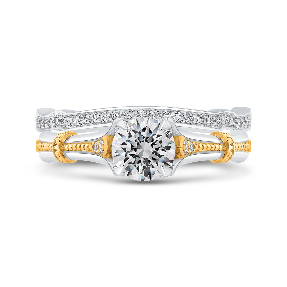 14K Two Tone Gold Round Diamond Floral Engagement Ring