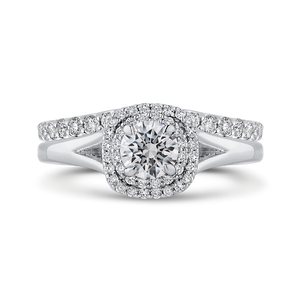 14K White Gold Round Diamond Double Halo with Spit Shank Engagement Ring