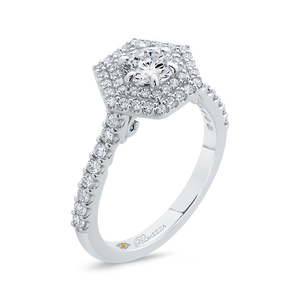 14K White Gold Round Diamond Hexagon Shape Double Halo Engagement Ring