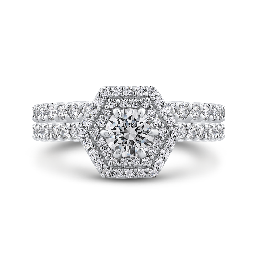 14K White Gold Round Diamond Hexagon Shape Double Halo Engagement Ring