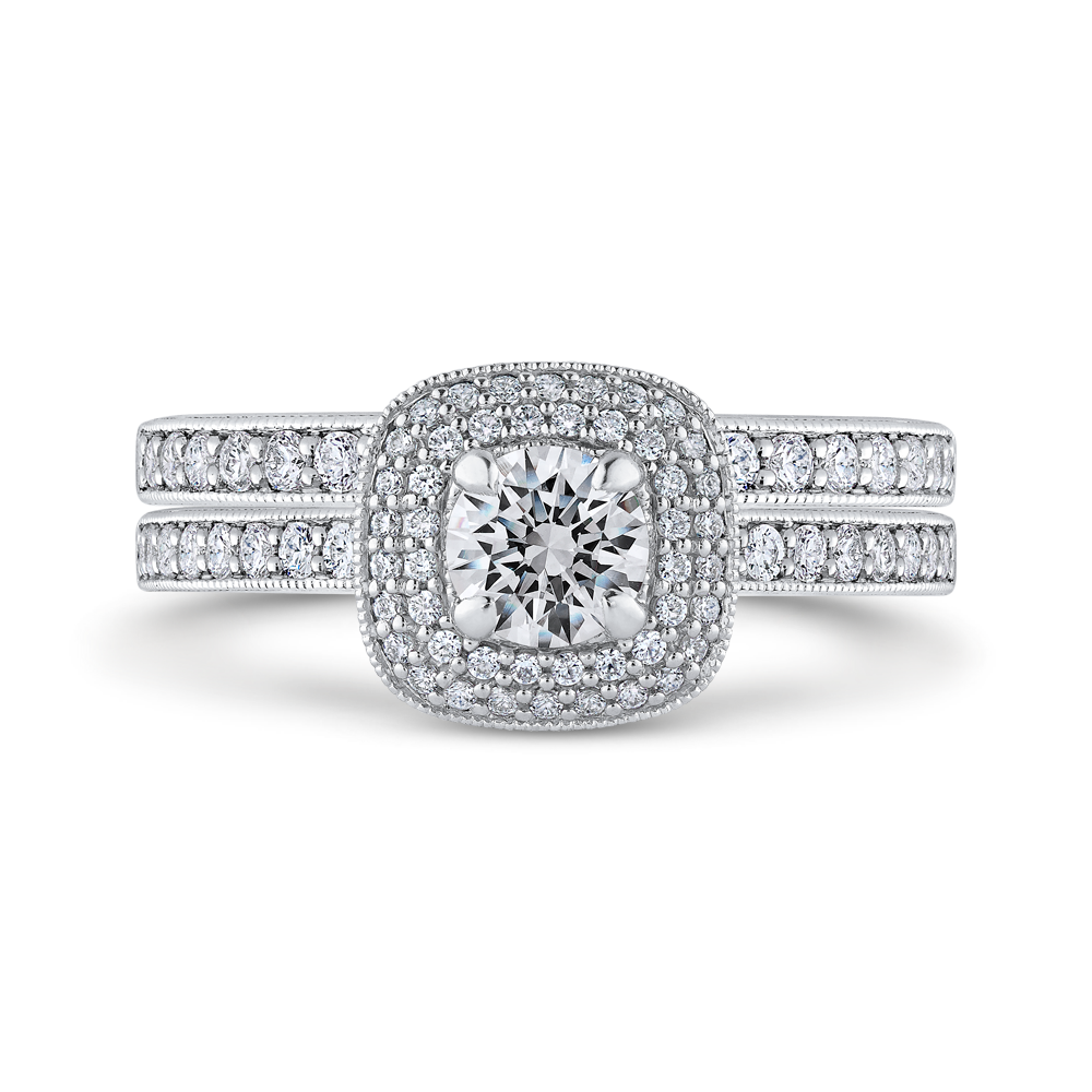 14K White Gold Round Diamond Double Halo Cathedral Style Engagement Ring
