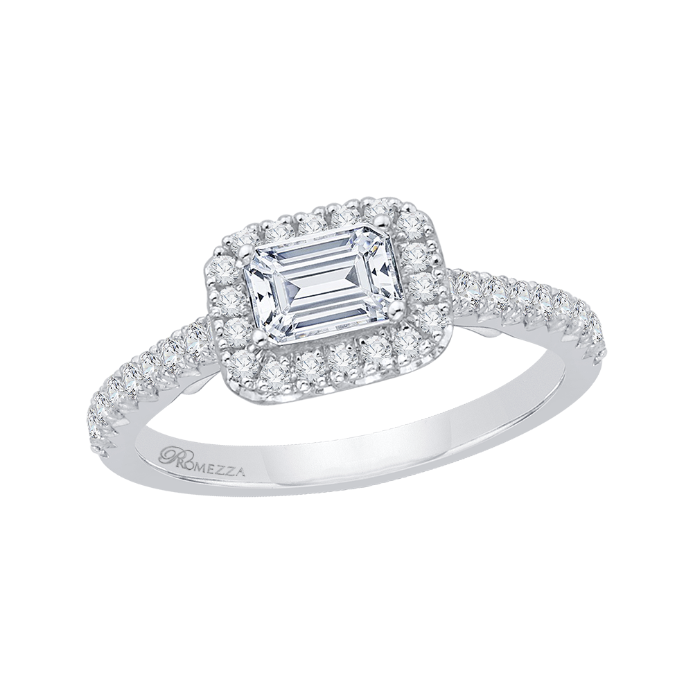 14K White Gold Emerald Cut Diamond Halo Engagement Ring