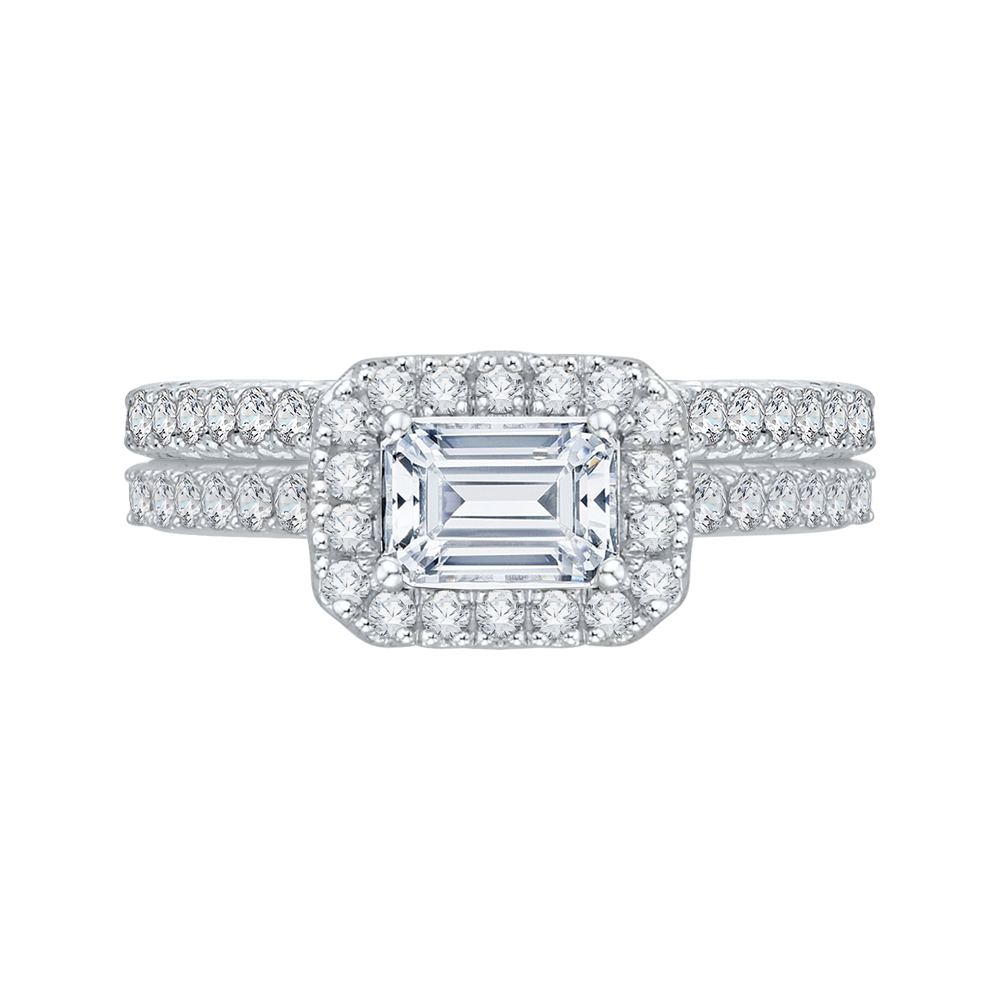 14K White Gold Emerald Cut Diamond Halo Engagement Ring