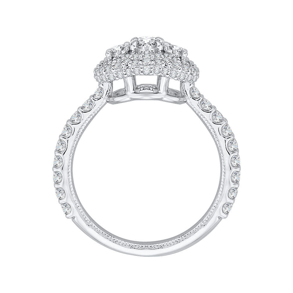 14K White Gold Oval Diamond Three Stone Halo Engagement Ring