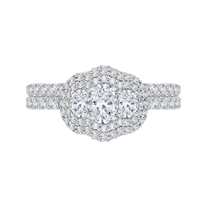 14K White Gold Oval Diamond Three Stone Halo Engagement Ring