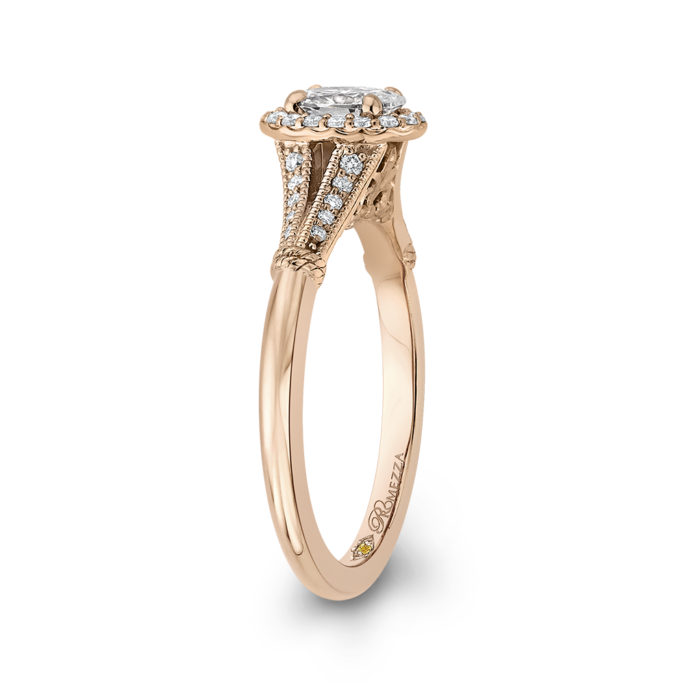14K Rose Gold Oval Diamond Halo Cathedral Style Engagement Ring with Split Shank