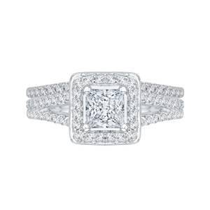 14K White Gold Princess Diamond Halo Engagement Ring with Split Shank