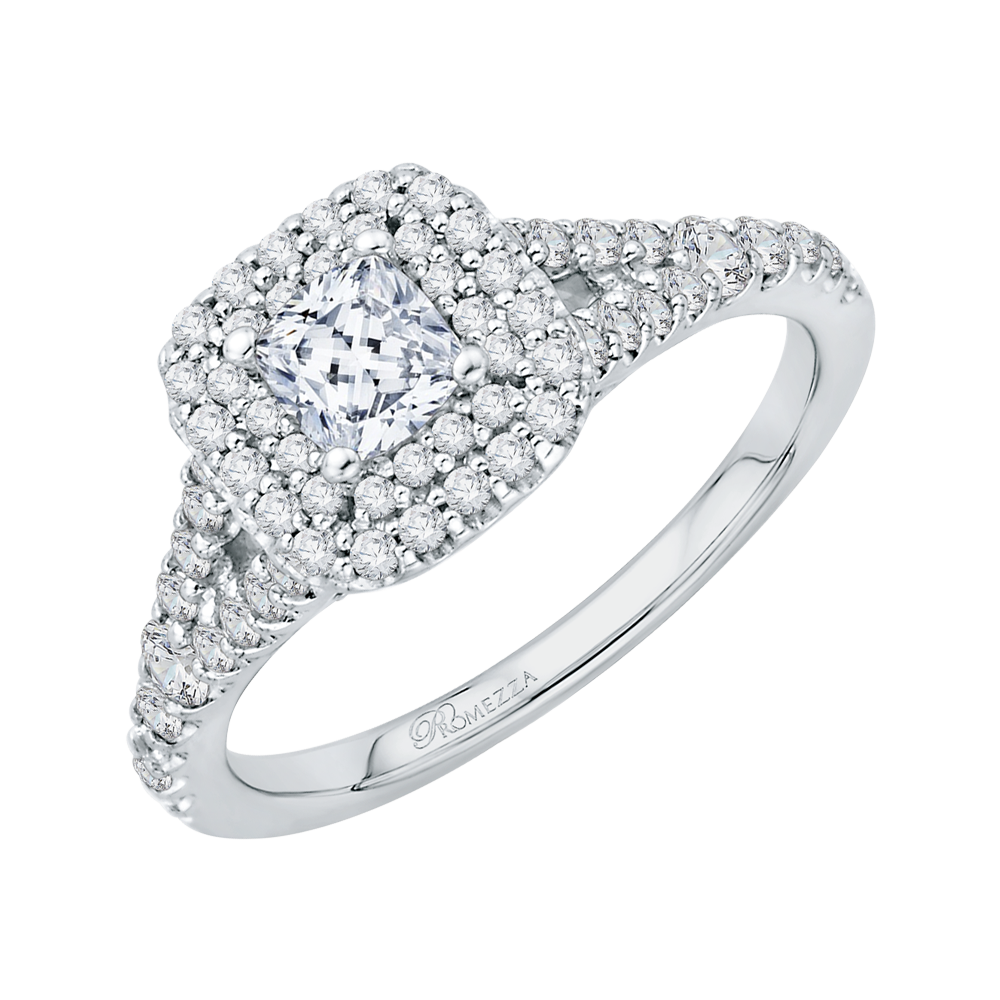 14K White Gold Princess Diamond Double Halo Engagement Ring with Split Shank
