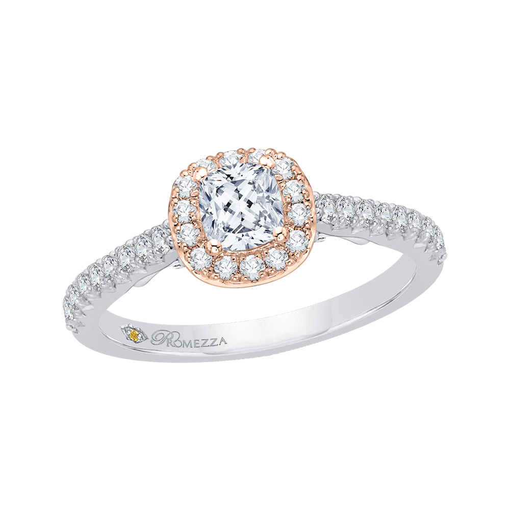 Cushion Diamond Halo Engagement Ring In 14K Two Tone Gold