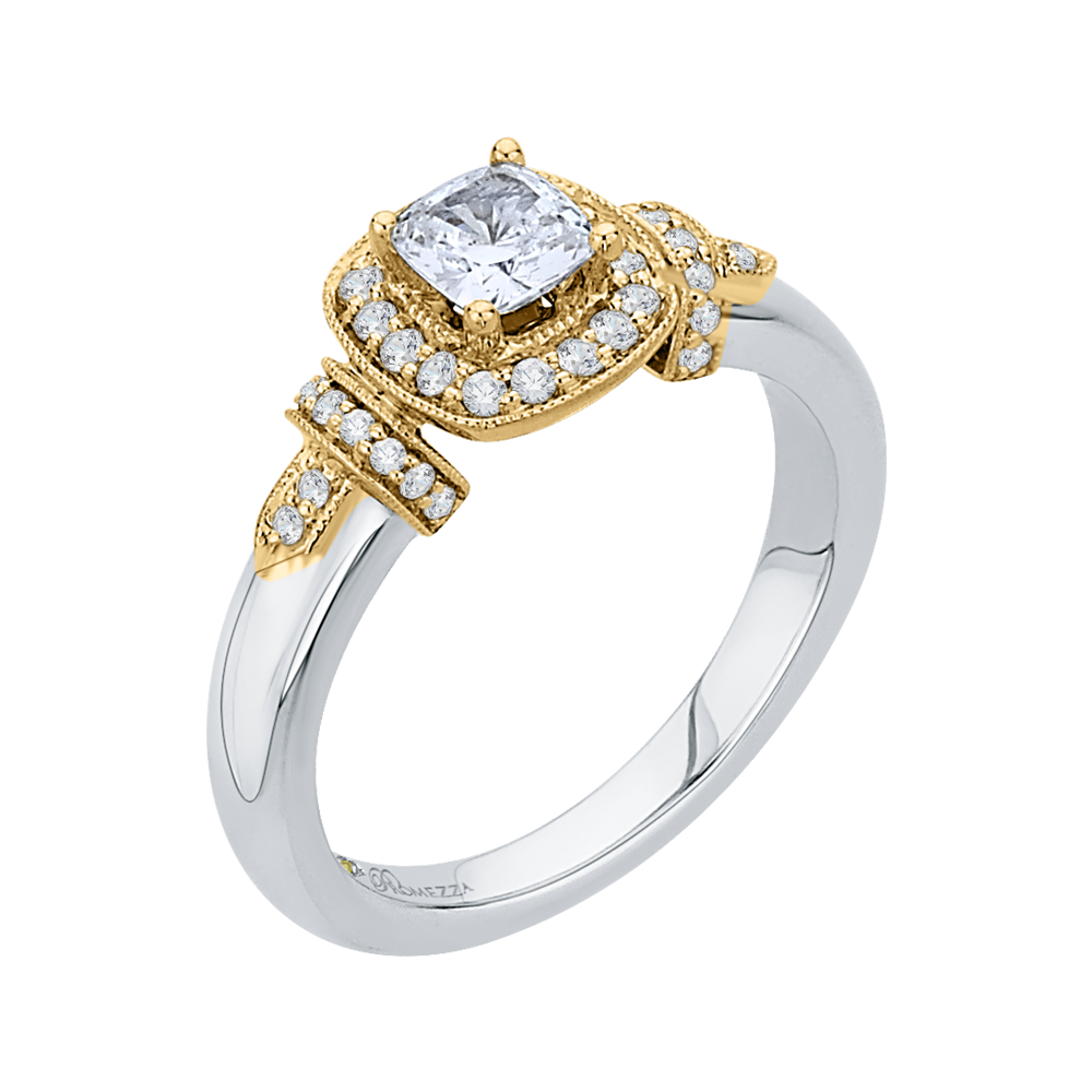 14K Two Tone Gold Cushion Diamond Halo Engagement Ring