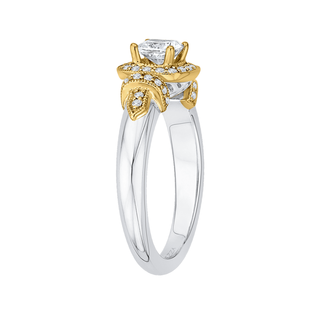 14K Two Tone Gold Cushion Diamond Halo Engagement Ring