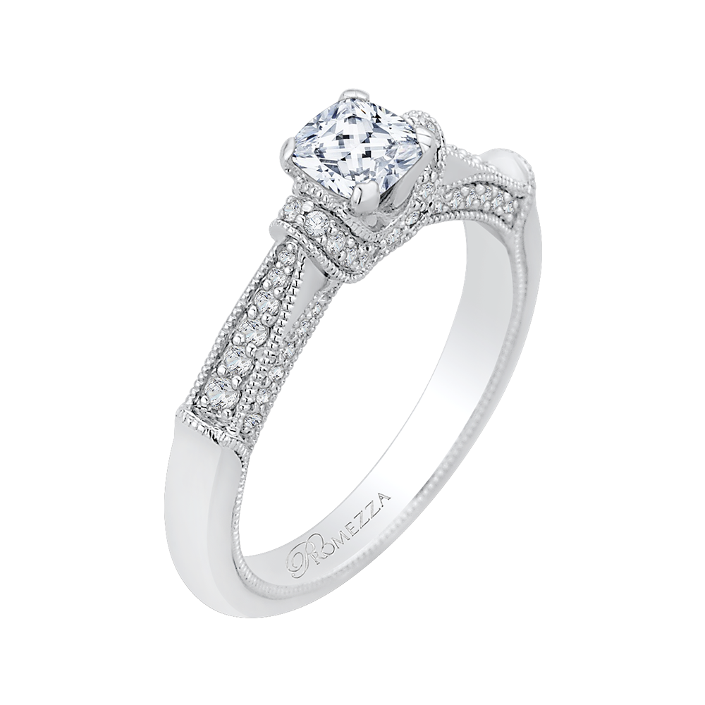 14K White Gold Cushion Diamond Cathedral Style Engagement Ring
