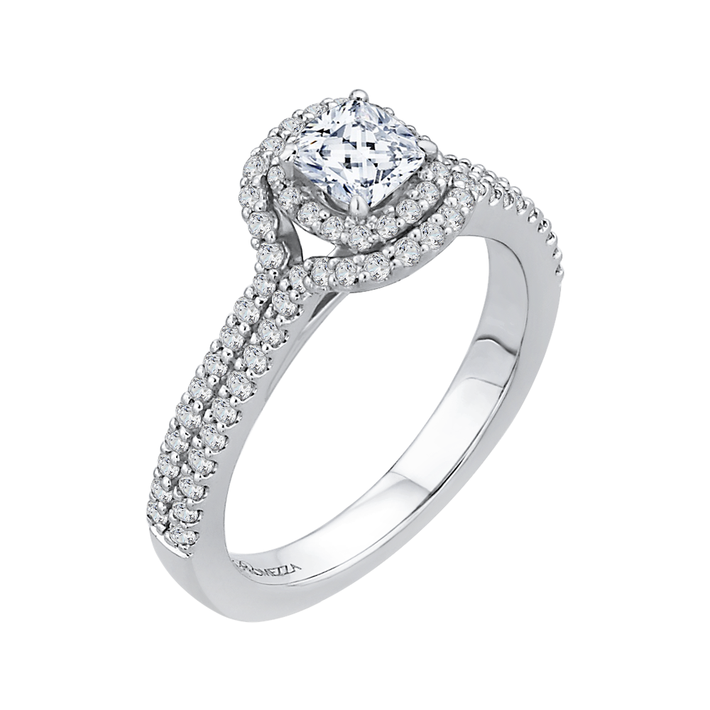 14K White Gold Cushion Cut Diamond Double Halo Cathedral Style Engagement Ring