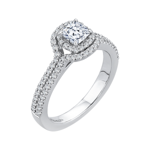 14K White Gold Cushion Cut Diamond Double Halo Cathedral Style Engagement Ring